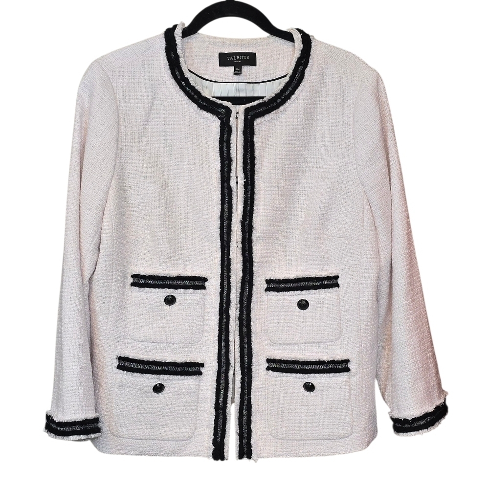 Talbots Provence Tweed Classic Blazer Jacket Fringe Trim Size 16P